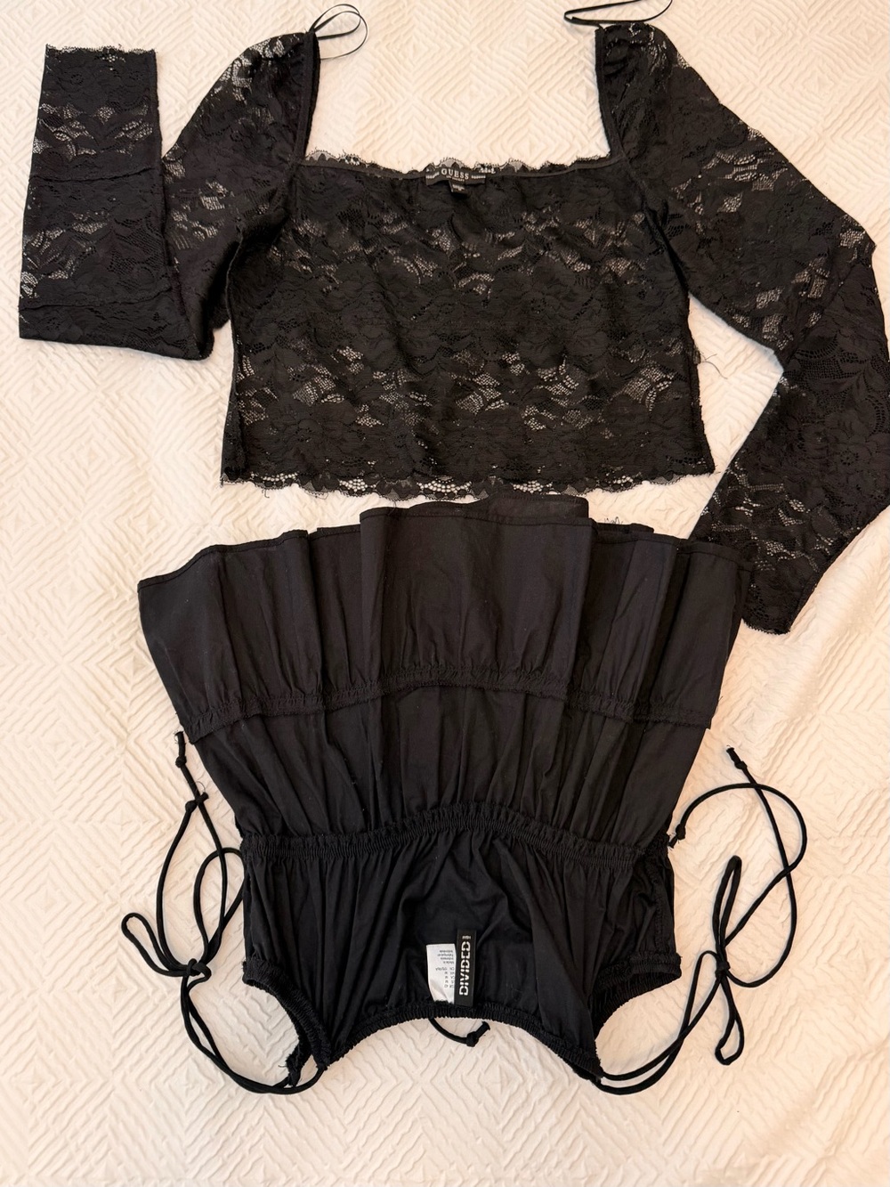 Guess Black Lace Square-Neck Crop Top with Long Sleeves